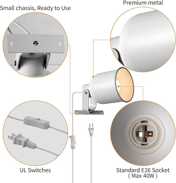 Aisilan Plug-in Wall Sconce Lighting, Adjustable Wall Light for Bedroom Bedside, Modern Indoor Wall Sconce for Reading with Cord, Easy Install 7W 3000K Bulb for Living Room Hallway