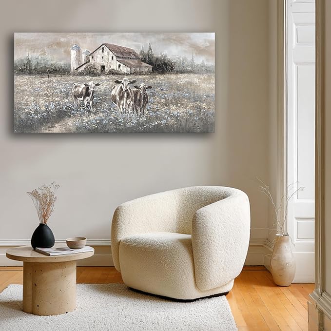 LEVERUP Farmhouse Landscape Painting, Rustic Country Barn Art,rural style decorative paintings 20x40 inch Highland cattle decor for living room bedroom