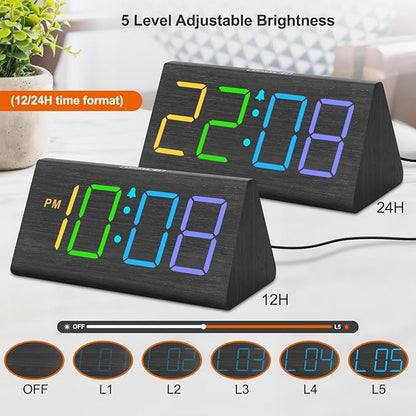 DreamSky Wooden Digital Alarm Clock for Bedroom - RGB Electric Desk Clock with Large Numbers, USB Port, Loud Alarm for Heavy Sleepers, Dimmer and Volume Control, Snooze, Wood Décor (Adapter Powered)