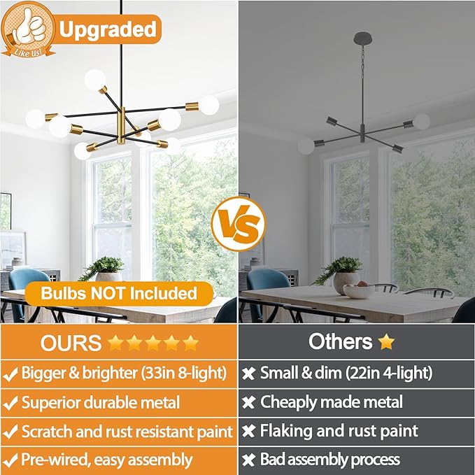 10.9"-52.3" Height Adjustable Sputnik Chandeliers Dining Room Light Fixture (8-Light, 30-Inch), Modern Brushed Gold and Black Chandelier, Mid Century Modern Chandeliers for Dining Room Living Room