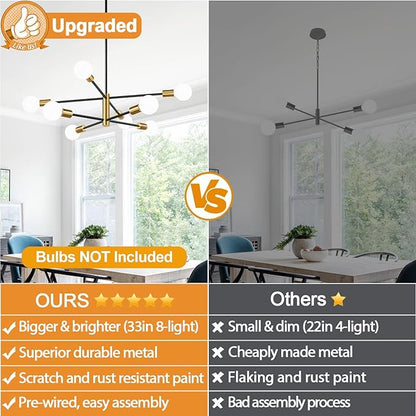 10.9"-52.3" Height Adjustable Sputnik Chandeliers Dining Room Light Fixture (8-Light, 30-Inch), Modern Brushed Gold and Black Chandelier, Mid Century Modern Chandeliers for Dining Room Living Room