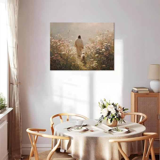 Jesus Leaves the 99 Sheep Wall Art The Lost Sheep Bible Stories Painting picture Wall Decor religion Christian Wildflowers Poster Print Artwork for Church LDS bedroom Living Home Decor 12x16 in Canvas