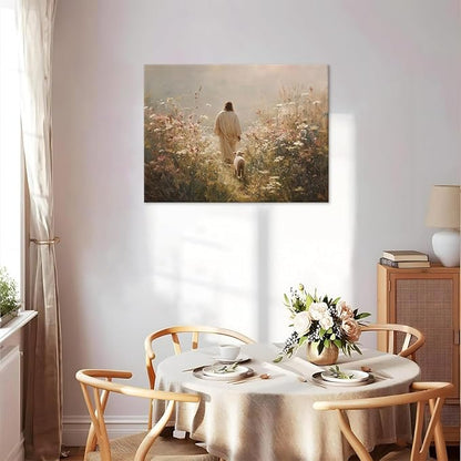 Jesus Leaves the 99 Sheep Wall Art The Lost Sheep Bible Stories Painting picture Wall Decor religion Christian Wildflowers Poster Print Artwork for Church LDS bedroom Living Home Decor 12x16 in Canvas