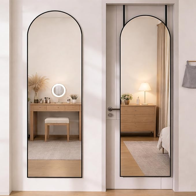 Simple Deluxe 47x14 Arched Full Length Mirror Over The Door, Wall Mounted Full Body Mirror, Rustproof Aluminum Alloy Frame, Distortion-Free, for Bedroom, Living Room, Entryway, Black