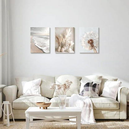 3 Pcs Beach Coastal Sunset Wall Art for Living Room, Modern Beige Dandelion Reeds Botanical Wall Pictures Aesthetic Nature Landscape Wall Painting Art Prints for Bedroom Office Home Decor 12"x16"x3Pcs