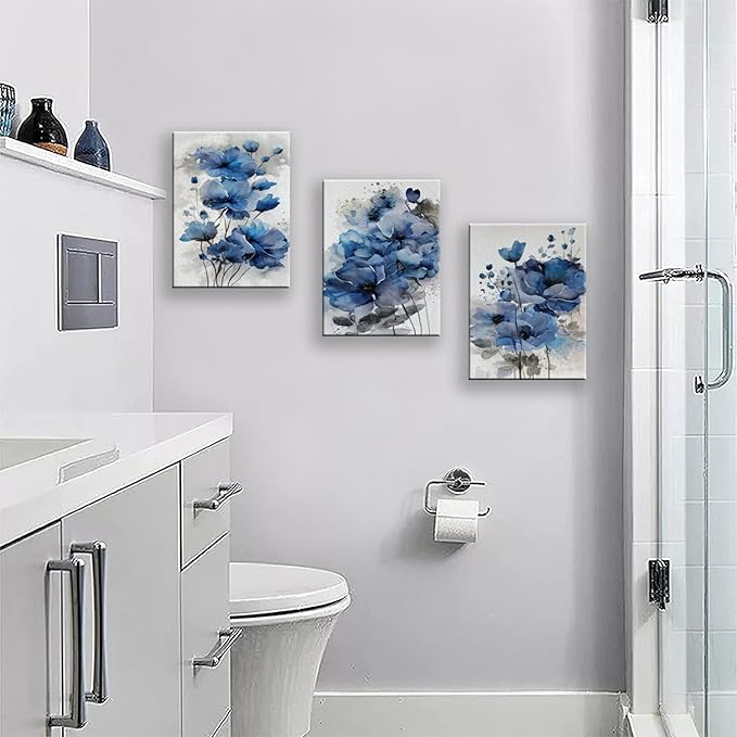 Blue Flowers Canvas Wall Art for Bedroom Home Decor - Artwork for Wall, Abstract Floral Wall Decor Print -Bathroom, Living Room, Kitchen Decor - Ready to Hang 3 Patchwork, 12x16inchx3pcs