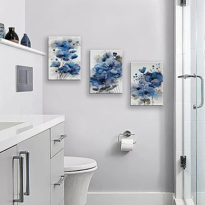Blue Flowers Canvas Wall Art for Bedroom Home Decor - Artwork for Wall, Abstract Floral Wall Decor Print -Bathroom, Living Room, Kitchen Decor - Ready to Hang 3 Patchwork, 12x16inchx3pcs
