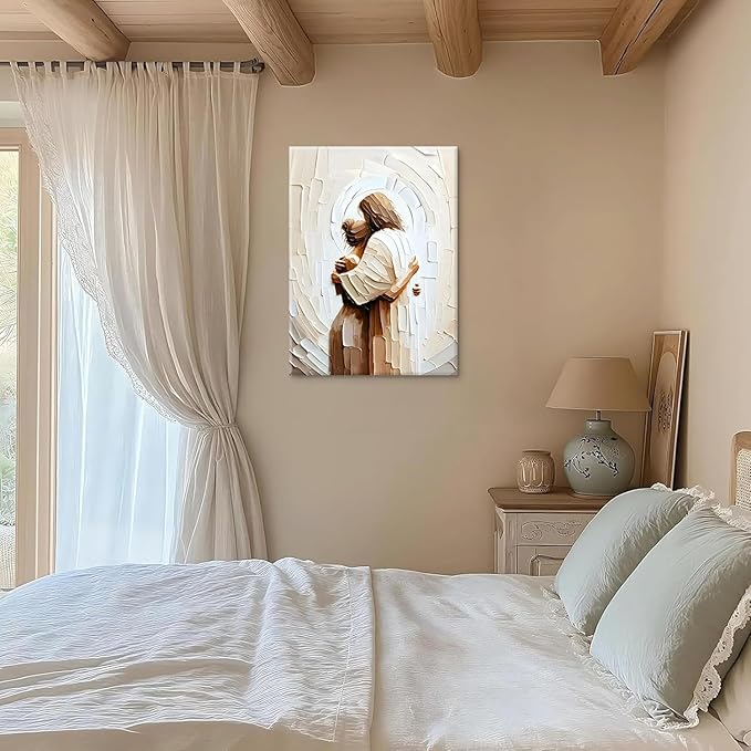 Jesus Hugging Woman Canvas Wall Art God & Girl Wall Decor Safe in His Arms Pictures Modern Christian Healing Embrace Mormon Prints Posters Artwork for Living & Prayer Room Bedroom Decor 12x16in canvas