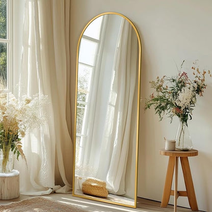 Full Length Mirror with Stand, 56"x15" Arched Full Body Mirror, Large Stand Up Aluminum Frame Floor Freestanding Hanging Leaning Mounted for Bedroom Living Room Entryway Gold