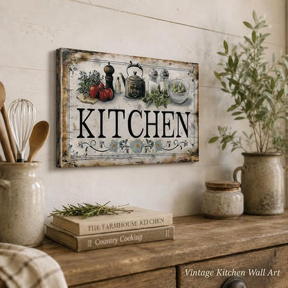 Vintage Kitchen Sign Canvas Wall Art Country Kitchen Painting Picture Decor Vegetable Food Poster Print Artwork for Restaurant Home Decoration