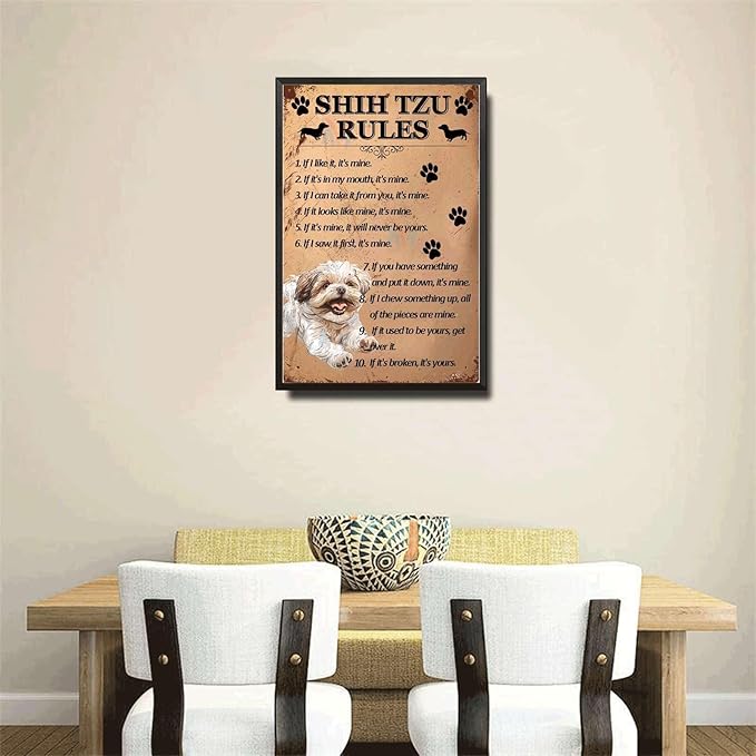 Metal Sign Tin Sign Vintage Wall Art Shih Tzu Rules Tin Signs for Women for Restaurant 12×16 Inches with Metal Frame