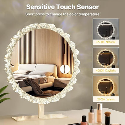 LED Makeup Mirror with Light - 11" Silver Crystal Vanity Mirror for Bedroom Dressing Room, 3 Color Temperature Touch Dimming, Adjustable Angle, Beauty Gift for Girlfriend & Women