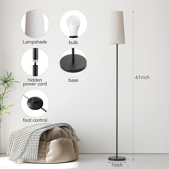 SUNMORY Floor Lamps for Living Room/Bedroom/Office, Standing Lamp with 9W LED Bulb, 3 Color Temperature 61'' Tall Lamp, Suitable for Modern/Boho/Farmhouse and Other Home Decor Styles