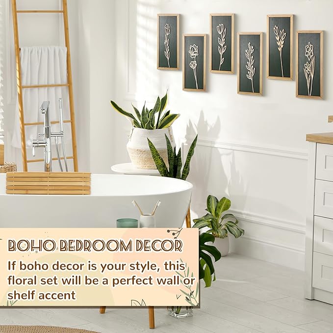 Wesiti 6 Pcs Boho Wall Art Wooden Floral Wall Decor Minimalist Botanical Print Art Decor for Rustic Vintage Farmhouse Home Living Room Bedroom Bathroom Kitchen Decoration, 15.75 x 6.69 Inch (Green)