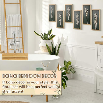 Wesiti 6 Pcs Boho Wall Art Wooden Floral Wall Decor Minimalist Botanical Print Art Decor for Rustic Vintage Farmhouse Home Living Room Bedroom Bathroom Kitchen Decoration, 15.75 x 6.69 Inch (Green)