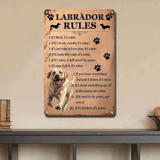 Metal Sign Tin Sign Vintage Wall Art Labrador Rules Home Decor for Restaurant 12×16 Inches