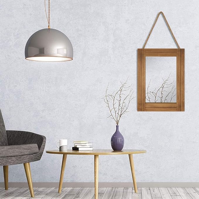 Rectangle Wall Mirror for Bathroom, Distressed White Wood Decor with Hanging Rope for Rustic Home Decor, Vanity, Living Room 12"×16"（Wooden）