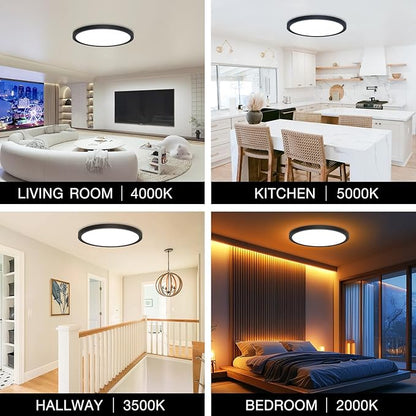 Dimmable LED Flush Mount Ceiling Light Fixture with Remote Control, 24W 2640LM, 12Inch, 2000K Warm Night Light & 3000K-6500K, Modern Super Slim Ceiling Lamp for Bedroom Kitchen, Black, 1 Pack