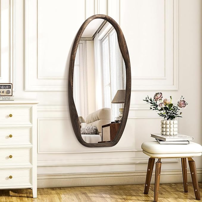 JJUUYOU Irregular Wall Mirror Asymmetrical Bathroom Mirrors for Wall 40"X20" Large Wood Framed Hanging Mirror for Living Room Bathroom Entryway Bedroom Horizontal or Vertical Dark Brown