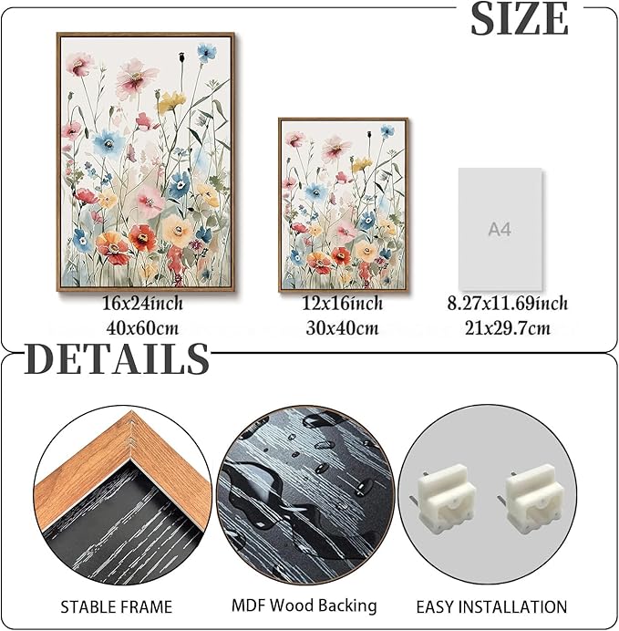 KISSFOX Framed Colorful Wildflower Canvas Wall Art Set Of 3 Flowers Pictures Prints Flowers Printing Floral Watercolors Flower wall Decor Living Room Girls Bedroom Bathroom