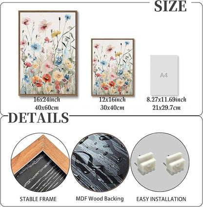 KISSFOX Framed Colorful Wildflower Canvas Wall Art Set Of 3 Flowers Pictures Prints Flowers Printing Floral Watercolors Flower wall Decor Living Room Girls Bedroom Bathroom