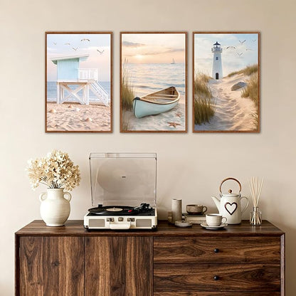 KAlRNE Modern Coastal Framed Canvas Wall Art Set of 3(16”X24”),Neutral Beach Sailboat Wall Decor,Ocean Lighthouse Picture,Photography Seagull Seascape Art Prints For Living Room Bedroom Office