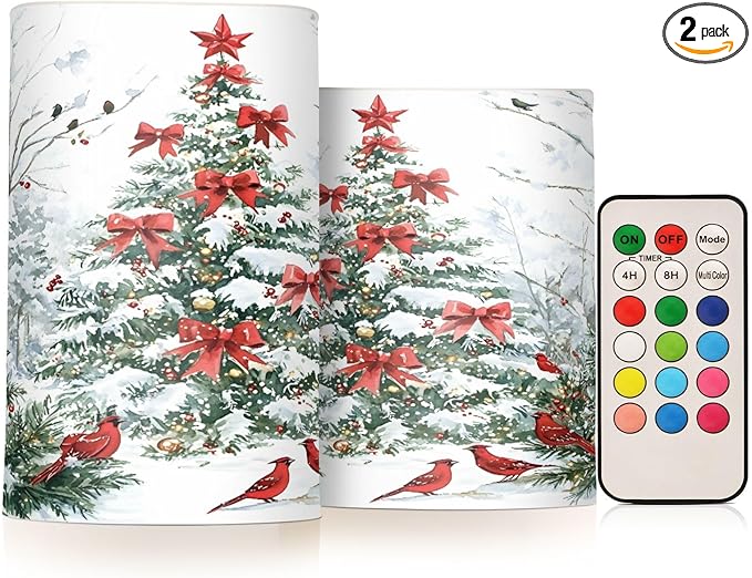 ALAZA Flickering Flameless Candles with Christmas Tree Red Birds Battery Operated with Remote Timer,Tea Light Candles LED Pillar Votive Candles Set of 2 for Outdoor Indoor Decorations