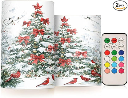 ALAZA Flickering Flameless Candles with Christmas Tree Red Birds Battery Operated with Remote Timer,Tea Light Candles LED Pillar Votive Candles Set of 2 for Outdoor Indoor Decorations
