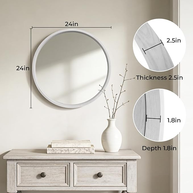 WallBeyond 24 Inch Round Wood Mirror, Circle Wooden Frame Wall Mirror for Bathroom, Living Room, Bedroom, Entryway (White)