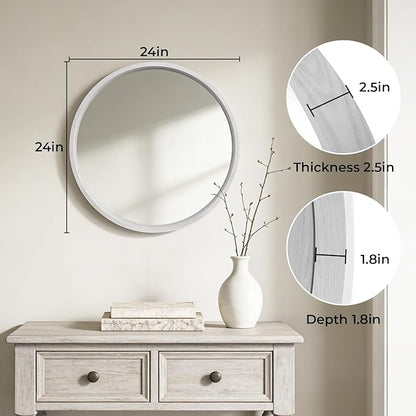 WallBeyond 24 Inch Round Wood Mirror, Circle Wooden Frame Wall Mirror for Bathroom, Living Room, Bedroom, Entryway (White)