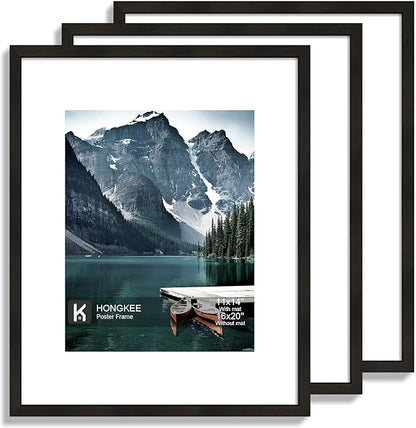 Hongkee 16x20 Frames Set of 3 - Display 11x14 Photo with Mat or 16 x 20 Poster without Mat, Wall Mounting Horizontal and Vertical, Black