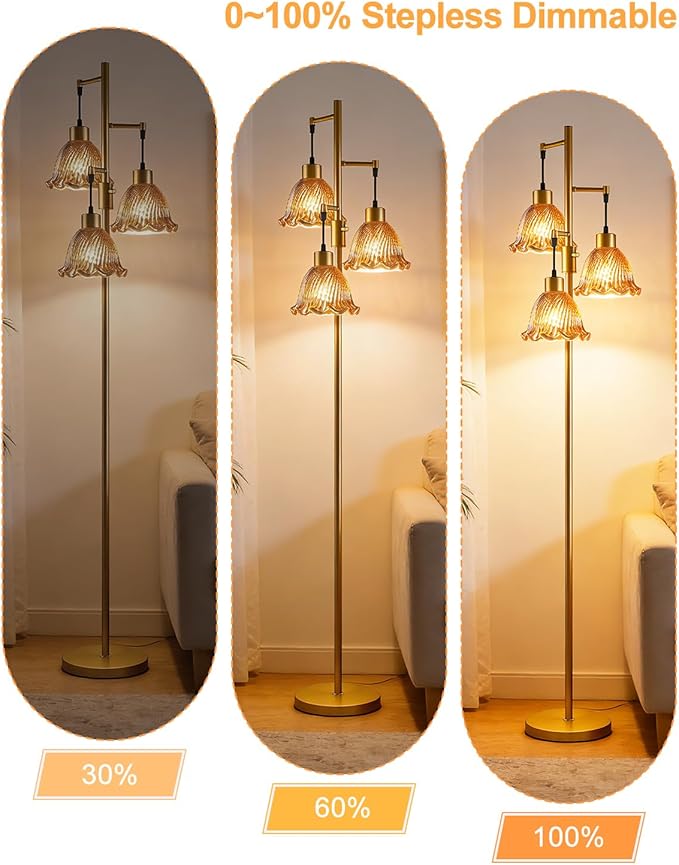 3-Light Modern Glass Floor Lamp, Gold Standing Tall Lamp with Amber Lily Glass Shade for Reading, Dimmable LED Floor Lamp with 5Lbs Heavy Base for Living Room Bedroom Home Decor, Bulb Included
