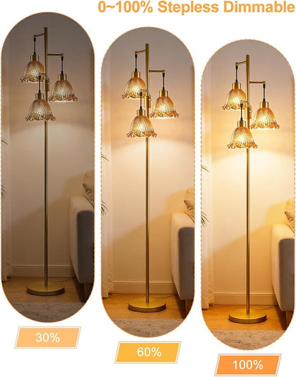3-Light Modern Glass Floor Lamp, Gold Standing Tall Lamp with Amber Lily Glass Shade for Reading, Dimmable LED Floor Lamp with 5Lbs Heavy Base for Living Room Bedroom Home Decor, Bulb Included
