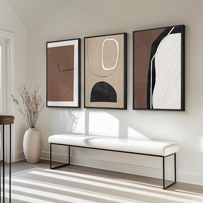 Framed Brown Abstract Wall Art for Living Room, 3 Piece Large Black and White Modern Canvas Artwork for Walls, Neutral Brown Abstract Prints Pictures Paintings Stairway Hallway Wall Decor, 24x36 Inch