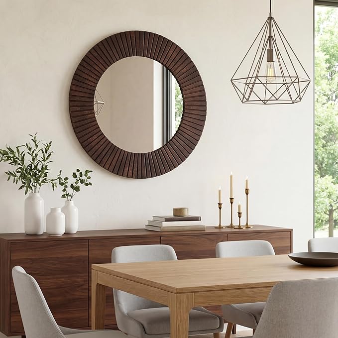 Vercraft 30" Round Wood Wall Mirror - Grooved Decorative Mirror for Entryway, Living Room Bathroom, Bedroom, Hallway