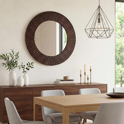 Vercraft 30" Round Wood Wall Mirror - Grooved Decorative Mirror for Entryway, Living Room Bathroom, Bedroom, Hallway