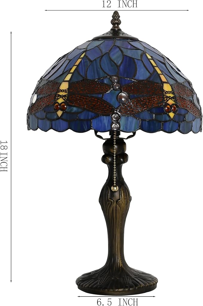 Tiffany Lamp Stained Glass Table Lamp 12 x 19” Bedside Reading Lamp Blue Dragonfly Style Decorative Lamp for Desk Living Room Bedroom Office Study Light Decor Gift