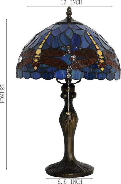 Tiffany Lamp Stained Glass Table Lamp 12 x 19” Bedside Reading Lamp Blue Dragonfly Style Decorative Lamp for Desk Living Room Bedroom Office Study Light Decor Gift