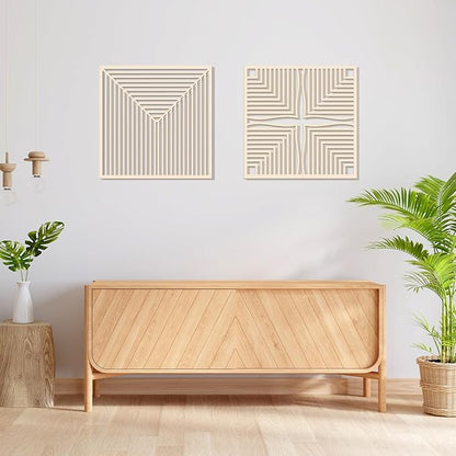 Homenthus 2 Pcs Abstract Wood Wall Art, Mid Century Modern Geometric Wood Wall Decor Minimalist Wooden Wall Art Decor Panels for Boho Living Room Bedroom Kitchen Dining Room Office Home Wall Decor
