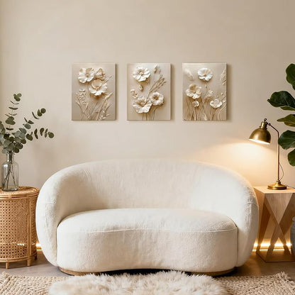 WENGTIAO 3Pcs Beige Flower Canvas Wall Art Prints Neutral Floral Plant Wall Painting Minimalist Botanical Blossom Poster Picture Vintage Artwork Home Decor for Living Room Bedroom Office 12”x16”x3Pcs
