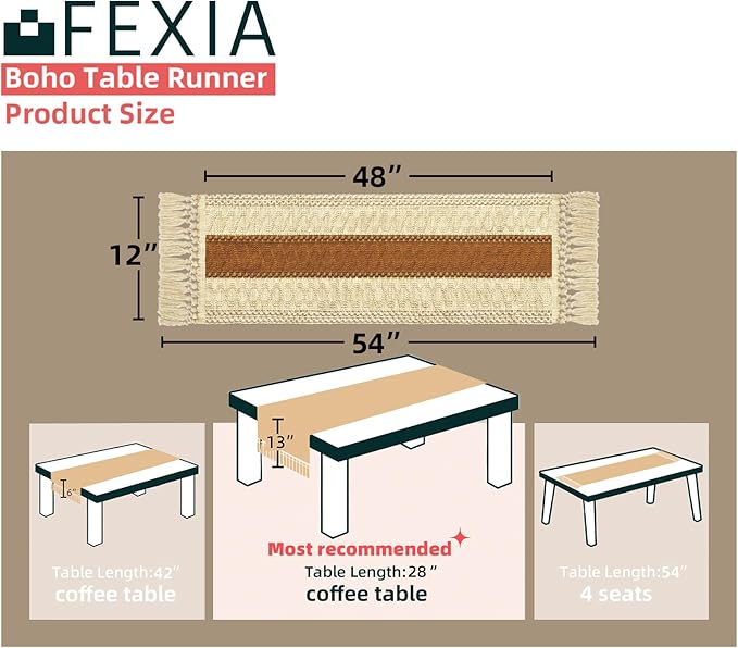 FEXIA Boho Table Runner 48 Inches Long Macrame Summer Decor Coffee Table Cover Farmhouse Stylewith Tassels for Party Bohemian Rustic Wedding Bridal Shower Dining Room Middle Brown (12x48 Inches)