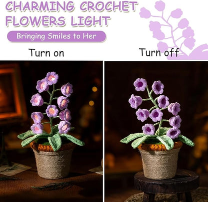 Lily of The Valley Lamp, Purple Crochet Artificial Flowers with Night Lights, Cordless Table Lamp -Birthday Gifts for Women,Cozy Home Decor Mothers Day Gifts
