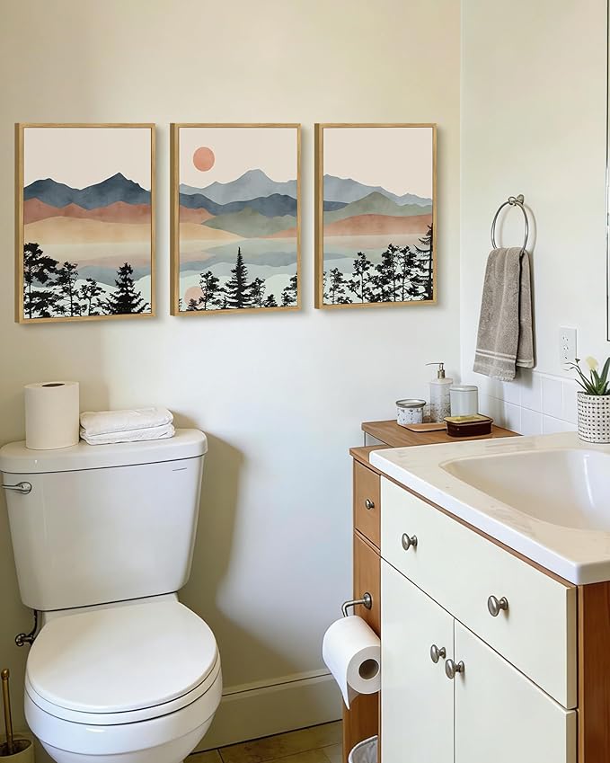 Drsoum Mountain Range Landscape Wall Art Framed Ink Wash Watercolor Nature Wall Decor Laker Sun Rises Prints Bedroom Living Room Ready to Hang 11x14in Natural Framed
