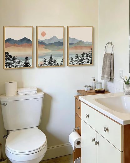 Drsoum Mountain Range Landscape Wall Art Framed Ink Wash Watercolor Nature Wall Decor Laker Sun Rises Prints Bedroom Living Room Ready to Hang 11x14in Natural Framed