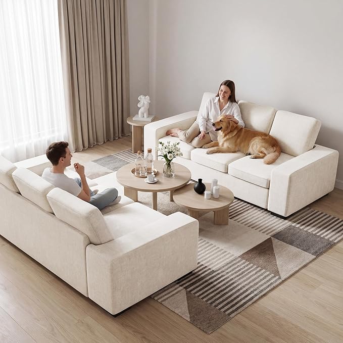 ELUCHANG 85" Modern Couches for Living Room, Natural Linen 3 Seat Sofa, Comfy Deep Seat Sofa, Spring Cushions, Removable Cover, Solid Wood Frame, Easy Assembly Loveseat for Small Space,Apartment,Beige