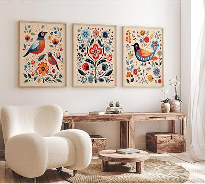 Scandinavian Folk Wall Art Nodic Flower Canvas Wall Decor Norwegian Wall Art Poster Swedish Antique Wall Decor Pictures Floral Bird Prints Vintage Poster for Home Kitchen 12x16x3 Inch Unframed