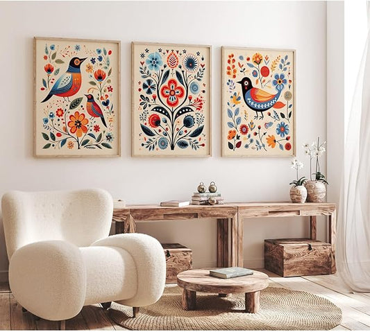 Scandinavian Folk Wall Art Nodic Flower Canvas Wall Decor Norwegian Wall Art Poster Swedish Antique Wall Decor Pictures Floral Bird Prints Vintage Poster for Home Kitchen 12x16x3 Inch Unframed