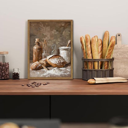 Framed Vintage Kitchen Wall Art, Rustic Bread and Flour Pictures Wall Decor Paintings, Farmhouse Food Poster Canvas Prints Country Home Decor for Dining Room Living Room Bakery 12x16 inch