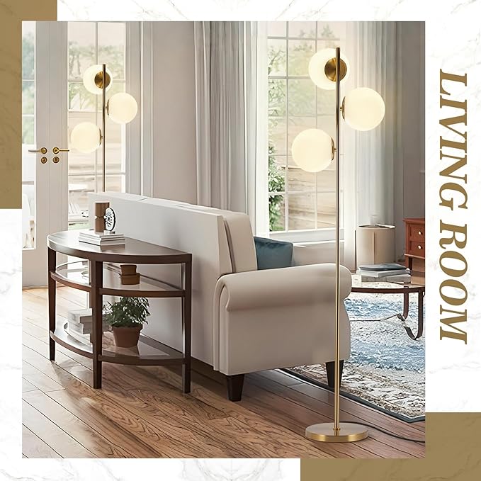 BOKT Modern Gold Floor Lamps Mid Century 3-Light Globe Standing Lamp Tall Pole Floor Light with Frosted Glass Contemporary Adjustable Floor Lamp for Living Room Reading Bedroom…