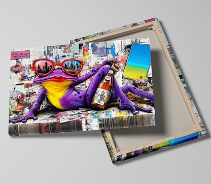 12x16 Urban Graffiti Purple Frog with Sunglasses Wall Art Canvas Painting Gallery Pop Art Street Artwork Decor Teen Little Boys Room Pictures Kids Bedroom Men Office Living room Framed Posters